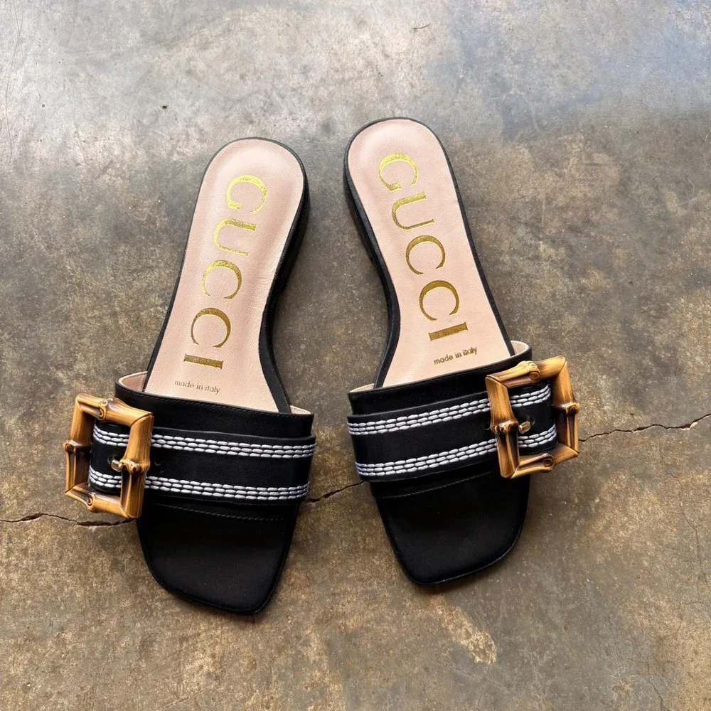Gucci Bamboo Buckle Slide Sandals‎ Black Leather Contrast Stitch Square Toe 36